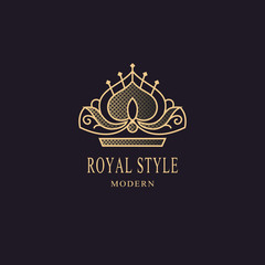 Royal liner monogram. Crown Logotype. Sign of king. Elegant design. Bright volumetric creative emblem for Royalty, business card, company name logo, Hotel, Restaurant. 3d Web icon Vector illustration