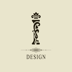 Elegant Capital letter I. Graceful royal style. Calligraphic beautiful logo. Vintage floral drawn emblem for book design, brand name, business card, Restaurant, Boutique, Hotel. Vector illustration