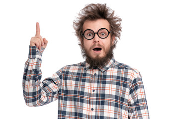 Crazy bearded Man with funny Haircut in eye Glasses, having idea and pointing finger up. Happy...