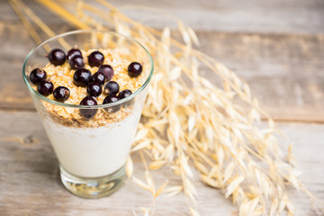 Healthy and tasty breakfast with muesli black currant and yogurt. Selective focus.