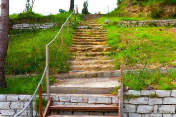 Wooden stairs in the nature with green grass. Nature concept with green grass