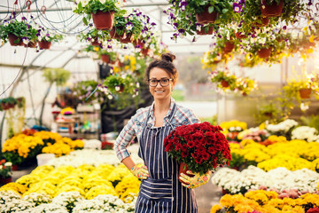 Portrait of beautiful Caucasian smiling florist holding pot with flowers while standing in greenhouse.