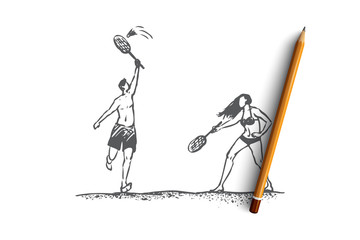 Badminton, beach, girl, summer, sport concept. Hand drawn isolated vector.