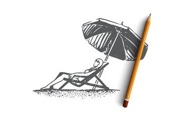 Beach, girl, summer, umbrella, sunbathe concept. Hand drawn isolated vector.