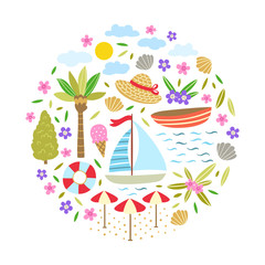 Beach travel icons. Cute rest vector symbols: summer time elements, nature, sea, ship, palm tree, flowers