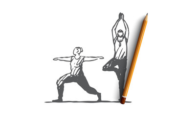Old, couple, yoga, fitness, exercise concept. Hand drawn isolated vector.