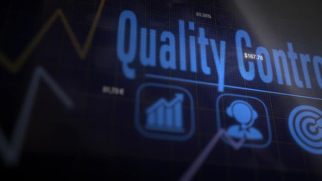 Quality Control business concept on a flashing computer monitor with moving graphs and data.