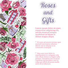 Fototapeta premium Rectangle composition of hand draw and color sketch of pink rose flowers and leaves, sweetmeat, bowes and other gifts.