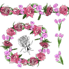 Color wreath and endless brush with  pink rose and tulip flowers  with leaves  isolated on white background. Hand drawn ink sketch.