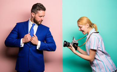 Fame and success. Businessman enjoy star moment. Photographer taking photo successful businessman....