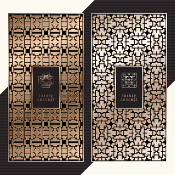 Luxury cards Art Deco style. Vector menu concept. Premium packaging design with logo. Copper gradient on black vouchers.