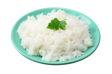White rice in blue bowl isolated on white background