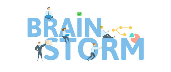 BRAINSTORM. Concept with people, letters and icons. Colored flat vector illustration. Isolated on white background.