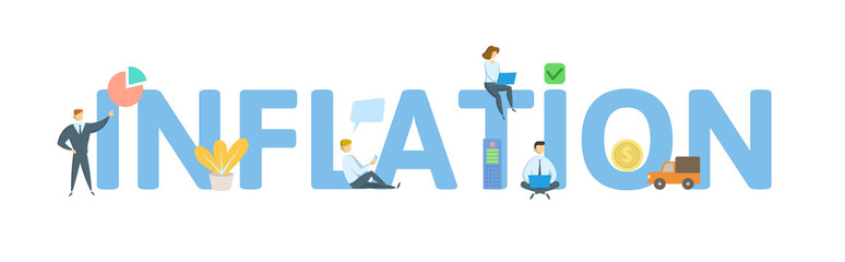 INFLATION. Concept with people, letters and icons. Colored flat vector illustration. Isolated on white background.