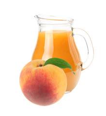jug of peach juice with peach fruit and slices isolated on white background.