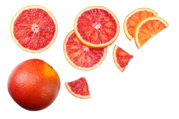Red blood orange fruit with slices isolated on white background. top view