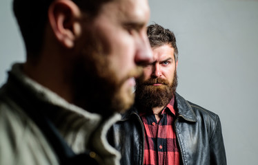 Trustful relations. Someone behind you. Feel support of real friend. Man bearded guy stand behind...