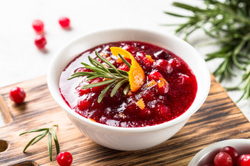  Cranberry sauce in a bowl top view.