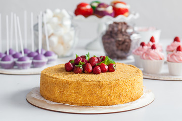 sponge cake with strawberries on white background