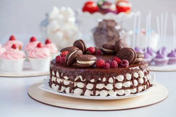 chocolate tiramisu cake with berries and macaroons