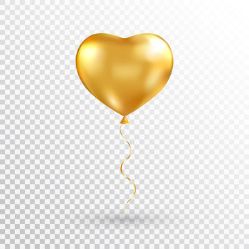 Gold heart balloon on transparent background. Foil air balloon for party, Christmas, Birthday, Valentines day, Womens day, wedding, grand opening. Glossy shine helium balloon. Vector illustration