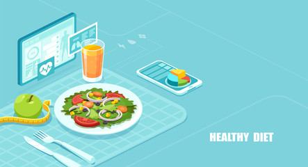 Isometric vector of a nutrition app showing nutrition facts and assisting in calories count of a meal