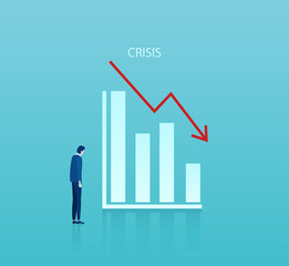 Vector of a sad businessman looking at a graph falling down.