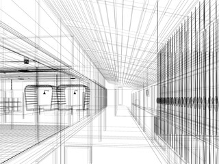 sketch design of interior hall, 3d rendering