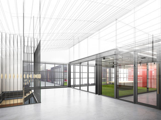 sketch design of interior hall, 3d rendering