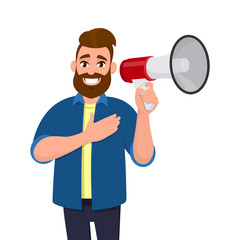 Fototapeta premium Pleased young man holding a megaphone or loudspeaker and holding hand on chest feeling thankful, gratitude. Human emotion facial expression feeling concept illustration in vector cartoon style.