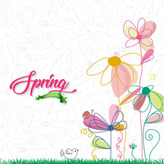 Spring cleaning with set of cleaning supplies and tools pattern. Spring cleaning background.