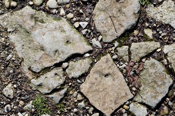 A close view of the textures of the rocks on the dirt surface.