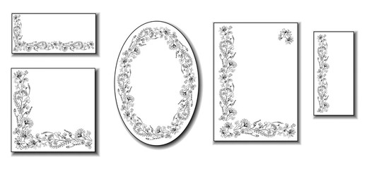Set of floral frames with field flowers, black and white, vector.