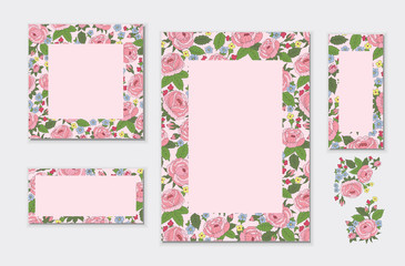 Set of floral rose frames/cards. Vector flowers.