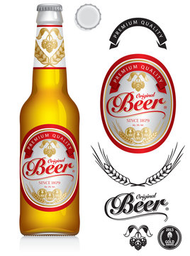 Beer Label and neck label on clear transparent glass beer bottle 330 ml with aluminum lid - vector visual, ideal for beer, lager, ale, stout etc. Drawn with mesh tool. Fully adjustable & scalable.
