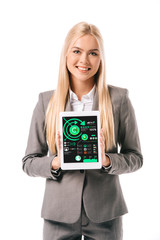 smiling blonde businesswoman showing digital tablet with infographic app, isolated on white