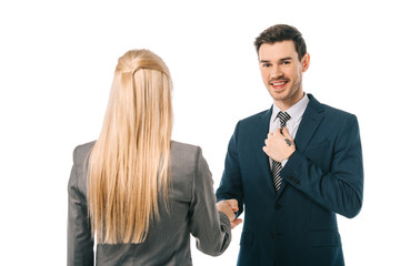businessman and businesswoman shaking hands and making deal isolated on white