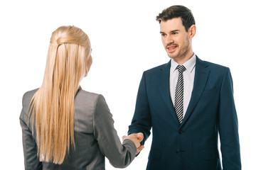 executive businesspeople shaking hands and making deal isolated on white