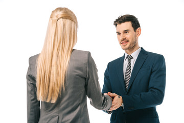 businessman shaking hands with colleague and making deal isolated on white