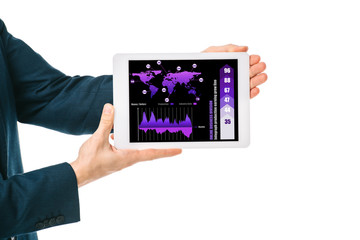 cropped view of businessman showing digital tablet with infographic app, isolated on white