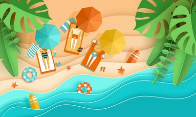 Beach vacation Tiny people sunbathe on tropical beach Papercut Top view background