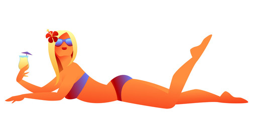 Girl sunbathes on beach.