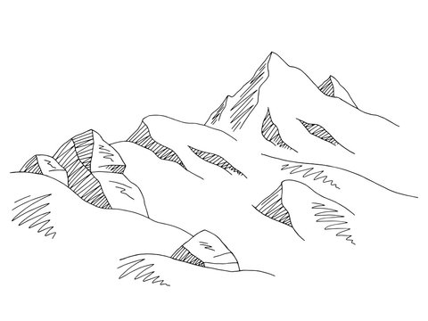 Mountains snow graphic black white landscape sketch illustration vector