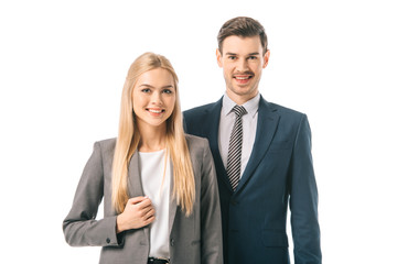 smiling confident businesspeople posing in suits isolated on white