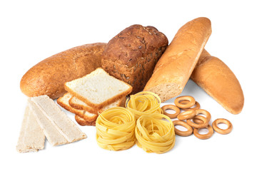 Bakery and pasta products isolated on white background. Baguette, pasta, dryings bagel, toast bread, crispbreads and bread.