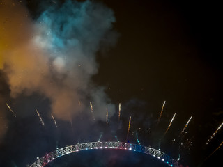 The London New year fireworks display captured from the central Barge on the River Thames