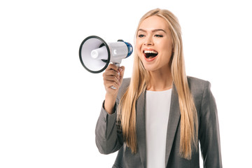 happy emotional businesswoman shouting with megaphone, isolated on white