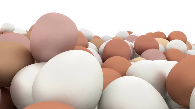 Animated rotation and view from a pile of white and regular eggs lying on white base and against white background. Full 360 degree spin and loop able.