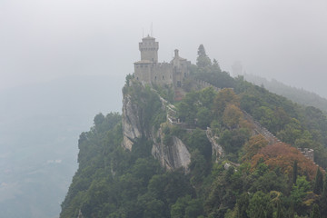 View from Guaitta Fortress on Falesia Second Tower in San Marino in the Fog