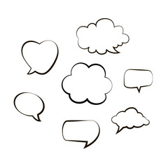 Collection of hand drawn think and talk speech bubbles message. Doodle style black comic balloon, cloud, heart shaped design elements. Isolated vector. Line bubbles on white background